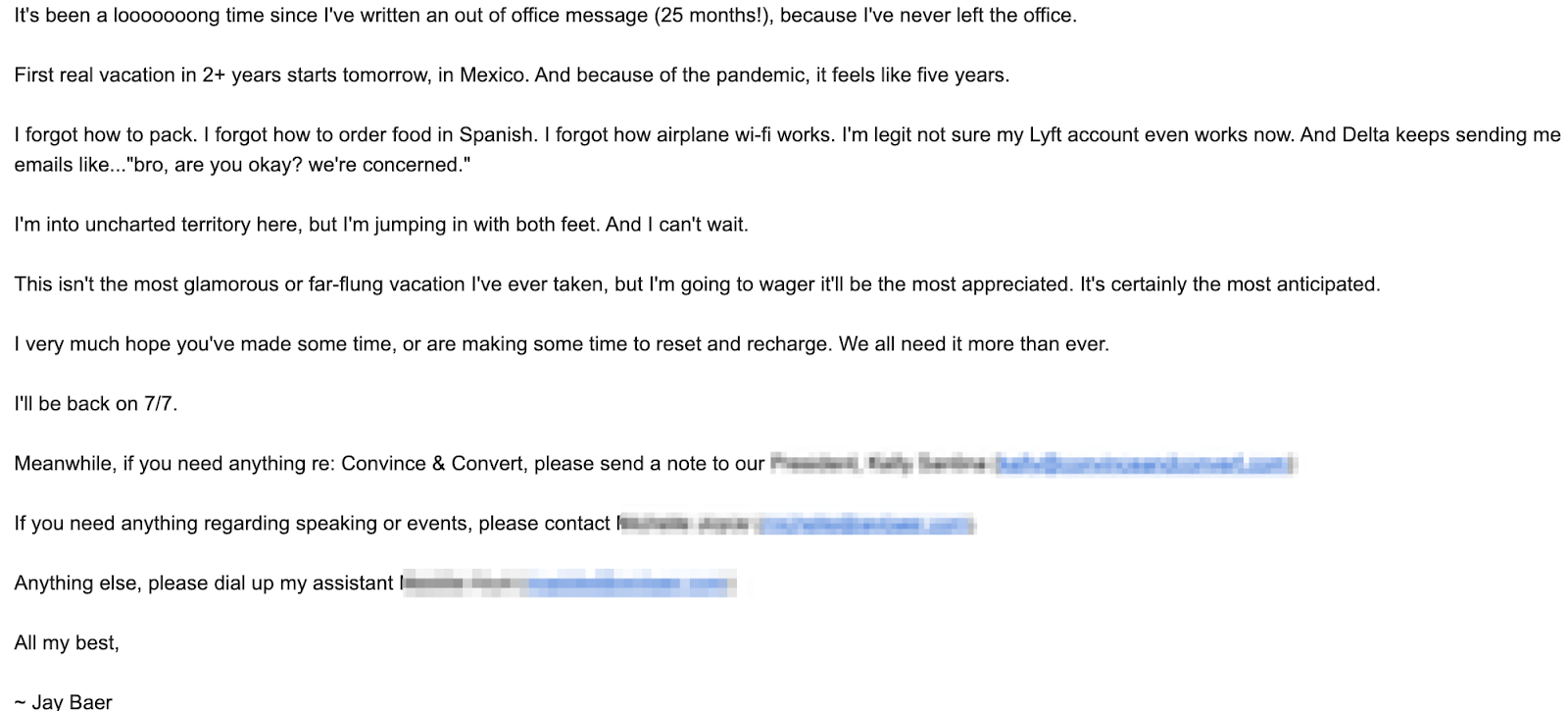 Honest out of office email example